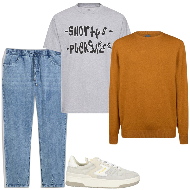 Outfit uomo - Easy. Stile Casual per Tutti i giorni. Abbinamento con jeans dritti, sneakers, maglieria, t-shirt.