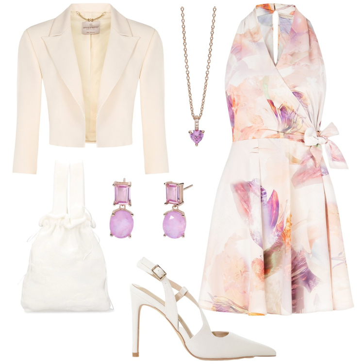 Outfit donna - Al battesimo di Andrea. Stile Chic per Cerimonia. Abbinamento con décolleté, ciondoli, orecchini, vestiti, bolero, borse a mano.