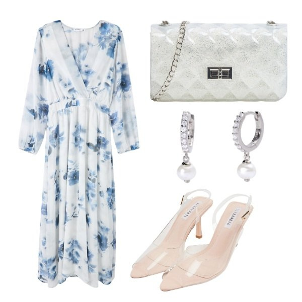 Outfit donna - Cerimonia romantica. Stile Romantica per Cerimonia. Abbinamento con borse a tracolla, sandali col tacco, vestiti lunghi, orecchini.