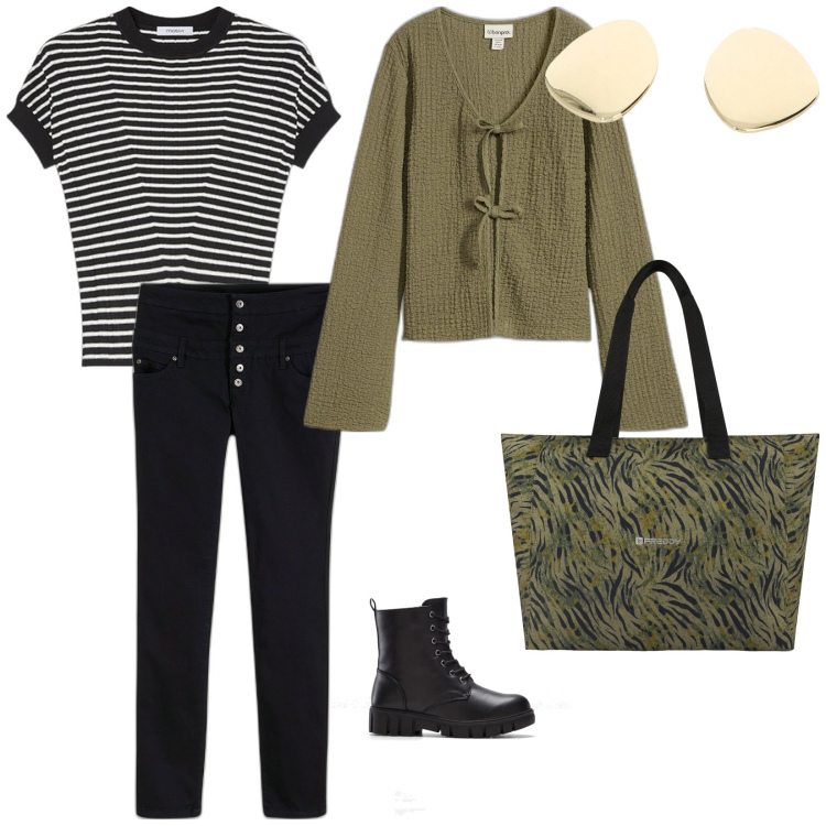 Outfit donna - Stivaletto comodo. per Scuola/Università. Abbinamento con pantaloni skinny, stivaletti, bluse, shopping bag, orecchini, maglieria.