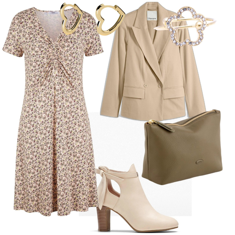 Outfit donna - Commissioni. per Tutti i giorni. Abbinamento con stivaletti, vestiti midi/longuette, blazer, orecchini, anelli, valigie.