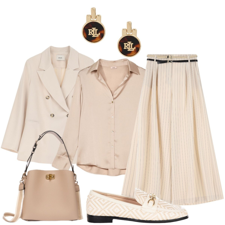 Outfit donna - Al Matrimonio della mia migliore amica. Stile Chic per Cerimonia. Abbinamento con mocassini, pantaloni a palazzo, blazer, orecchini, camicie, borse a secchiello.