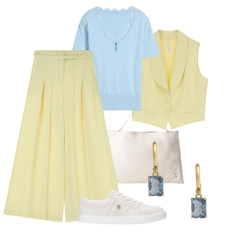 Outfit donna - Pratica con stile in burro&azzurro. Stile Casual chic per Tutti i giorni. Abbinamento con maglieria, pantaloni, gilet, borse a spalla, sneakers, orecchini.