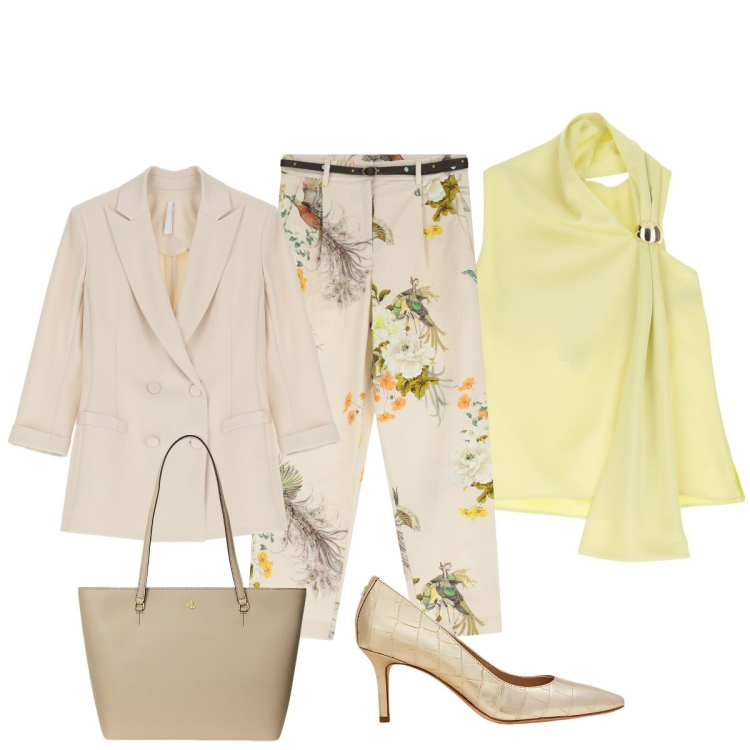 Outfit donna - Il top giallo burro. Stile Chic per Serata fuori. Abbinamento con top, blazer, pantaloni chino, borse tote, décolleté.