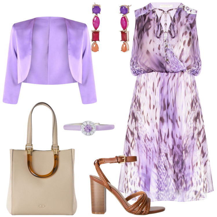 Outfit donna - Serata fuori. Stile Glamour per Serata fuori. Abbinamento con anelli, orecchini, vestiti senza maniche, bolero, shopping bag, sandali col tacco.