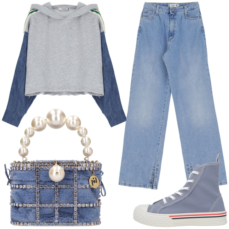 Outfit donna - Chic in jeans. Stile Casual chic per Tutti i giorni. Abbinamento con sneakers alte, jeans, felpe con cappuccio, borse a mano.
