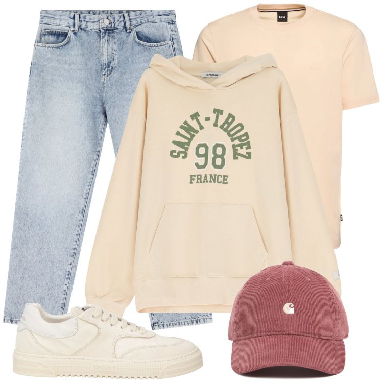 Outfit uomo - Total look #2117775. Stile Urban per Tutti i giorni. Abbinamento con sneakers, felpe con cappuccio, jeans dritti, t-shirt, cappelli.