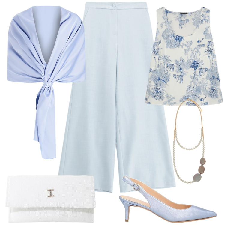 Outfit donna - Al battesimo di Samuele. Stile Bon Ton per Cerimonia. Abbinamento con décolleté, stole, borse a tracolla, pantaloni, top, collane.