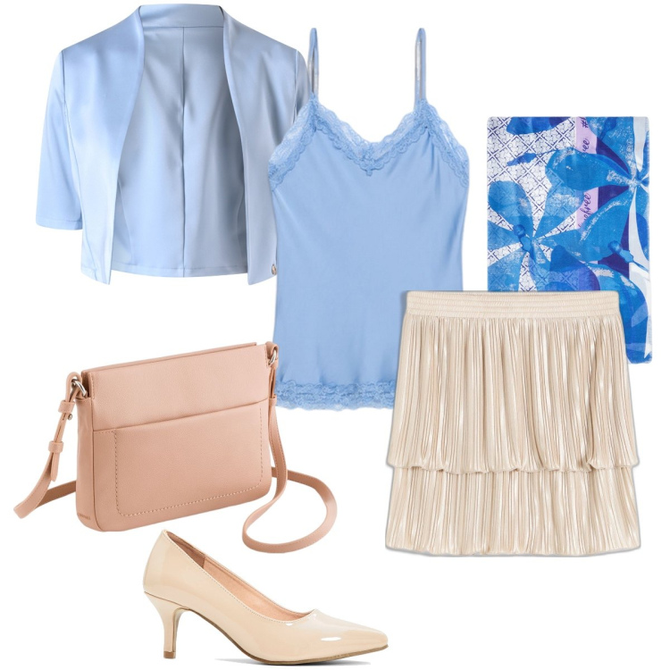 Outfit donna - Azzurro polvere. Stile Romantica per Cerimonia. Abbinamento con décolleté, minigonne, bolero, stole, borse a tracolla, top.