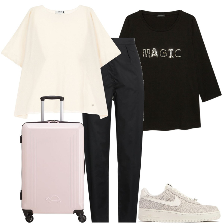 Outfit donna - Viaggio leggera. Stile Urban per Tutti i giorni. Abbinamento con pantaloni, maglieria, t-shirt, sneakers, valigie.