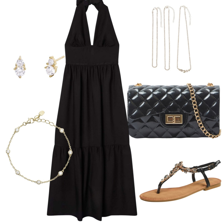 Outfit donna - Party d\'estate. Stile Glamour per Serata fuori. Abbinamento con borse a tracolla, vestiti lunghi, sandali gioiello, collane, braccialetti, orecchini.