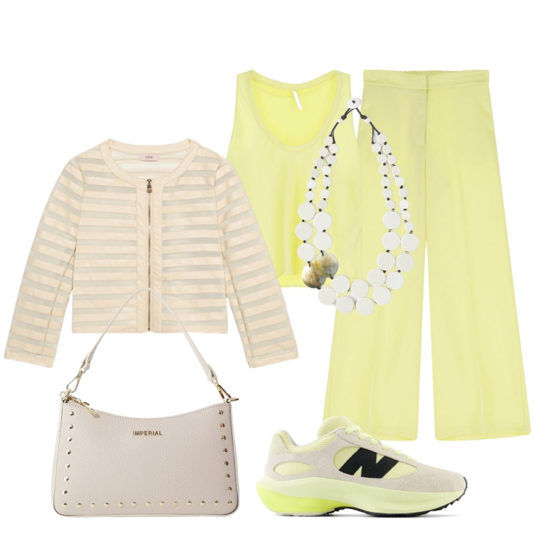 Outfit donna - Giallo burro delicato e chic. Stile Chic per Serata fuori. Abbinamento con sneakers, pantaloni, borse a spalla, canottiere, blazer, ciondoli.