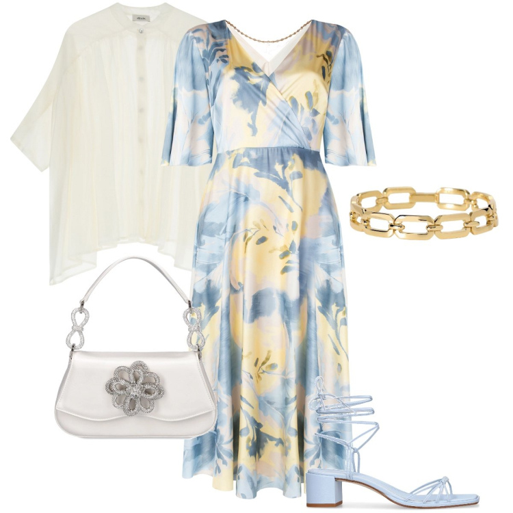 Outfit donna - Dall’azzurro al giallo. Stile Romantica per Cerimonia. Abbinamento con vestiti lunghi, braccialetti, camicie, borse a mano, sandali in pelle.