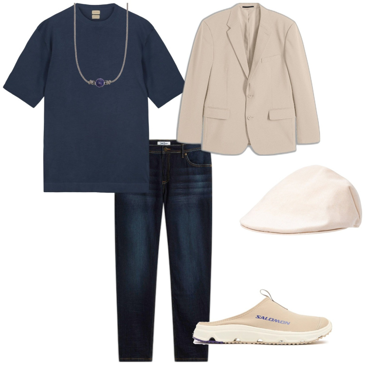 Outfit uomo - Una giornata con amici. per Serata speciale. Abbinamento con jeans slim fit, giacche, collane, t-shirt, cappelli e berretti, sneakers.