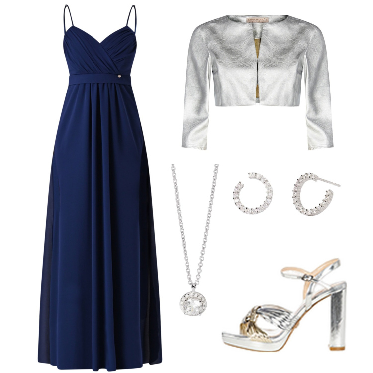 Outfit donna - Blu e Argento. per Cerimonia. Abbinamento con collane, orecchini, bolero, vestiti lunghi, sandali in pelle.