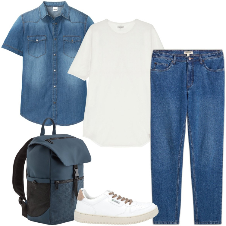 Outfit uomo - Denim style. Stile Casual per Tutti i giorni. Abbinamento con sneakers, camicie a manica corta, jeans dritti, t-shirt, borse sportive.