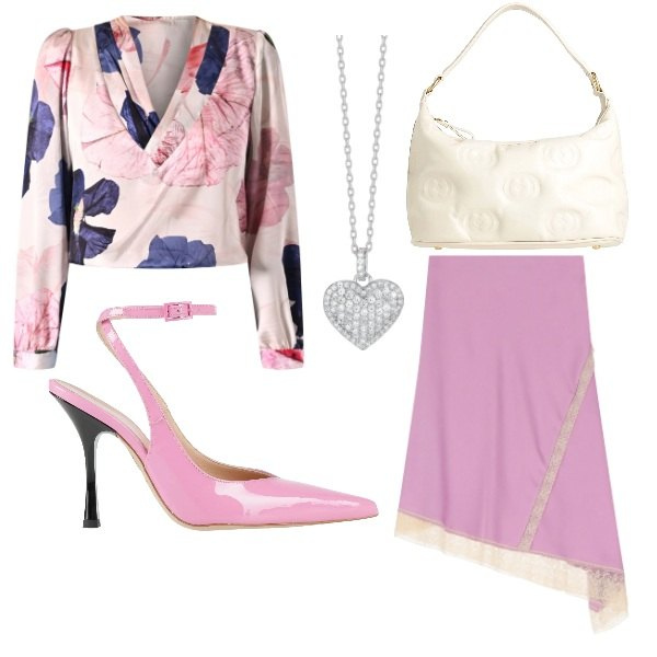 Outfit donna - Cuore. Stile Chic per Cerimonia. Abbinamento con décolleté, borse a mano, collane, bluse, gonne longuette.