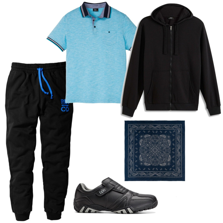 Outfit uomo - Un foulard per il vento. per Tutti i giorni. Abbinamento con scarpe stringate, felpe con cappuccio, pantaloni, polo, sciarpe e foulard.