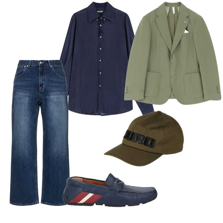 Outfit uomo - Look dinamico per il lavoro. per Ufficio. Abbinamento con cappelli con visiera, scarpe stringate, giacche, camicie, jeans.