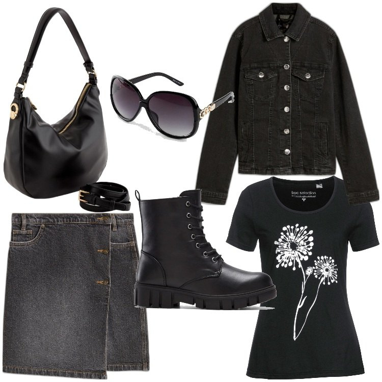 Outfit donna - Fiori, sole e nero. Stile Casual chic per Tutti i giorni. Abbinamento con stivaletti, occhiali da sole, gonne, blazer, t-shirt, borse a tracolla.