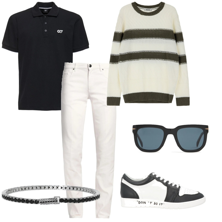Outfit uomo - Righe per la serata. per Serata speciale. Abbinamento con pantaloni, sneakers, braccialetti, maglieria, occhiali da sole, polo.