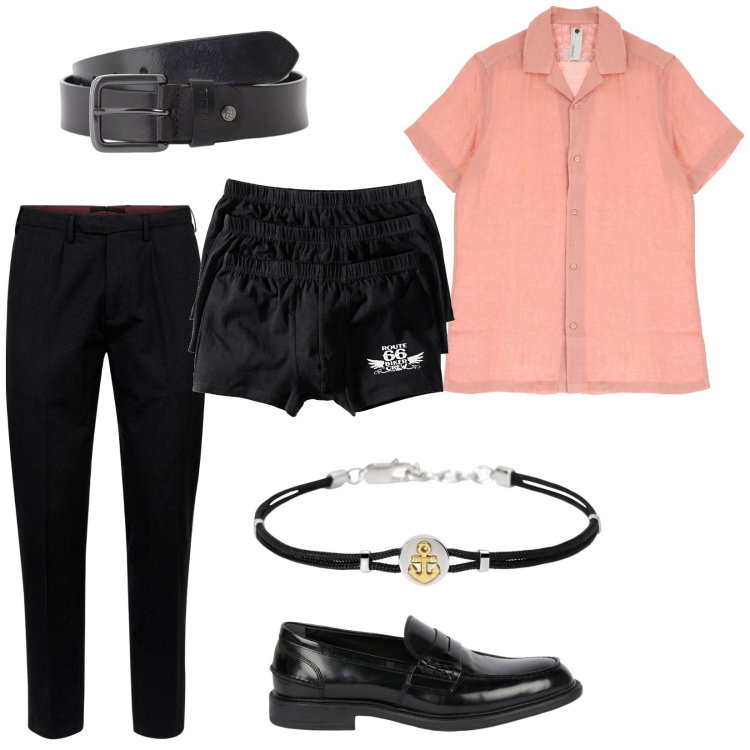 Outfit uomo - Due colori per la sera. per Serata speciale. Abbinamento con boxer, braccialetti, camicie a manica corta, cinture, pantaloni, scarpe stringate.