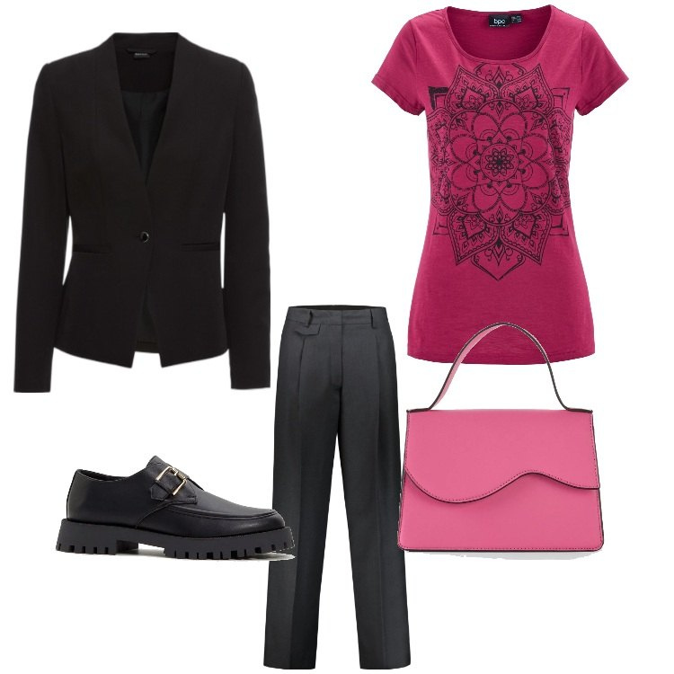 Outfit donna - La t- shirt mandala. Stile Casual chic per Ufficio. Abbinamento con t-shirt, blazer, mocassini, borse a tracolla, pantaloni.