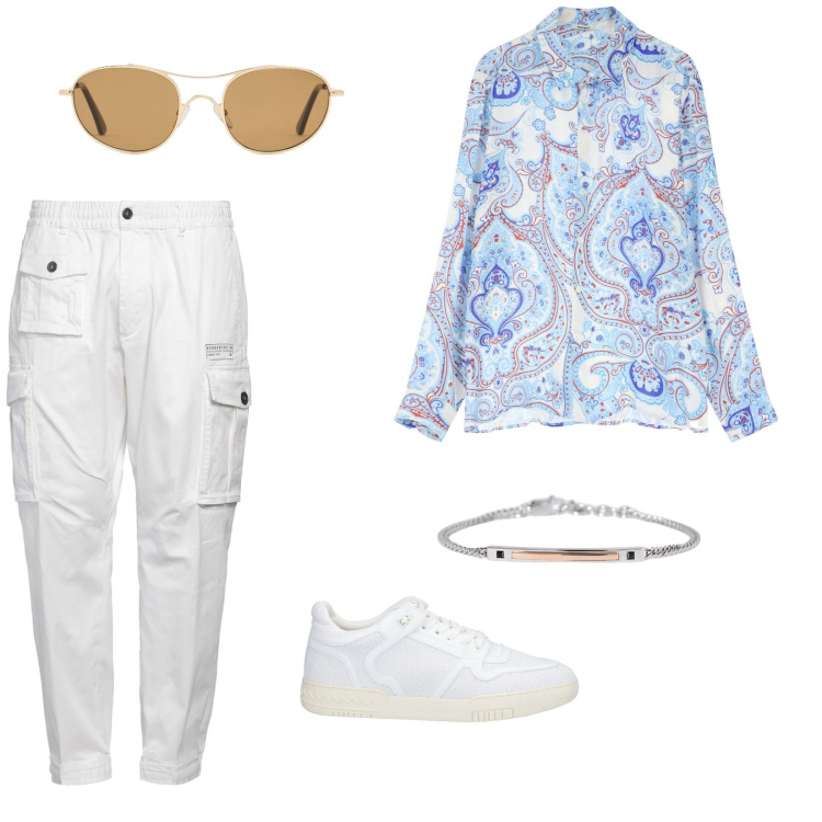 Outfit uomo - Chiara trasparenza. per Mare. Abbinamento con sneakers, pantaloni cargo, braccialetti, camicie, occhiali da sole.