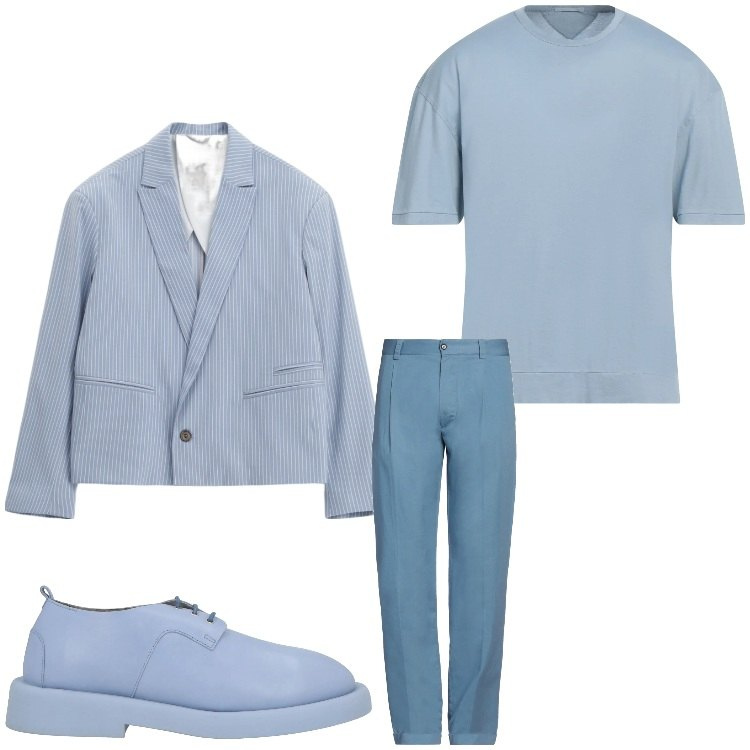 Outfit uomo - Celeste e righe. Stile Business/Elegante per Ufficio. Abbinamento con scarpe stringate, pantaloni chino, t-shirt, giacche.