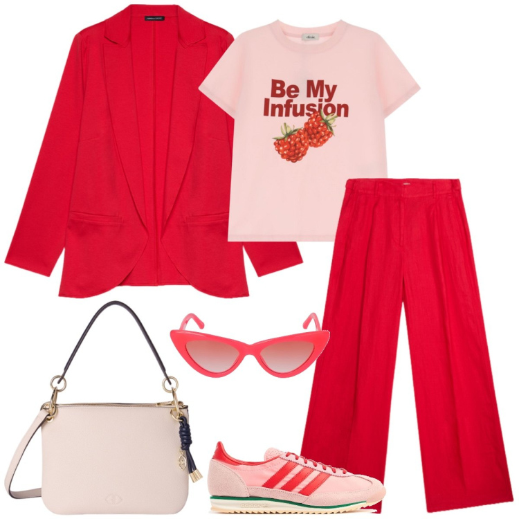 Outfit donna - Total look #2117877. Stile Sporty chic per Tutti i giorni. Abbinamento con t-shirt, blazer, sneakers, pantaloni a palazzo, borse a tracolla, occhiali da sole.