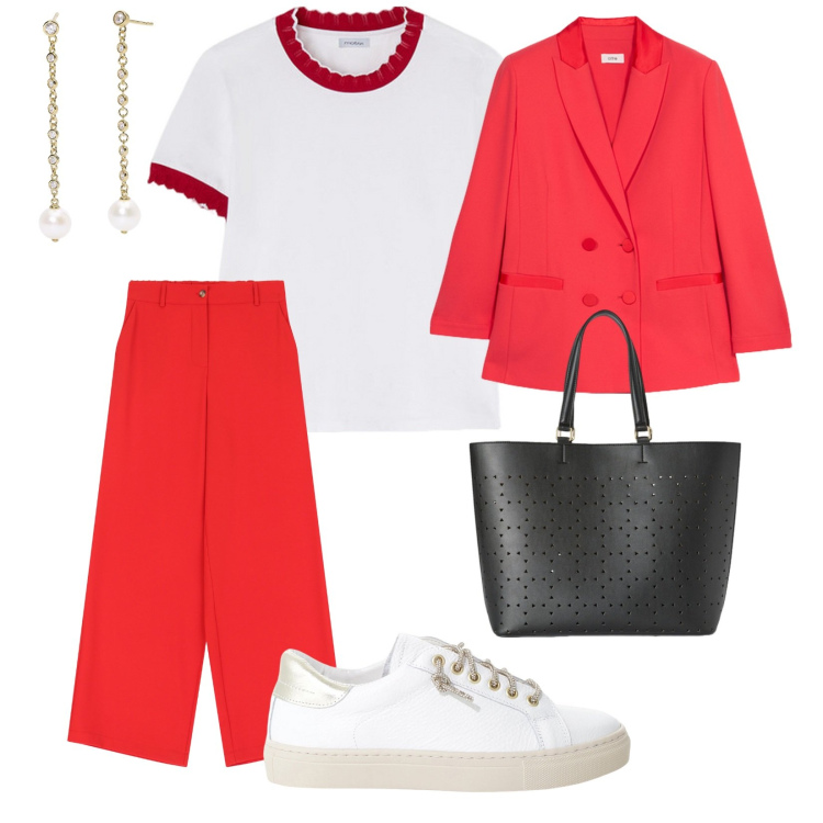 Outfit donna - Io , cosi. per Tutti i giorni. Abbinamento con orecchini, sneakers, pantaloni a palazzo, t-shirt, blazer, shopping bag.