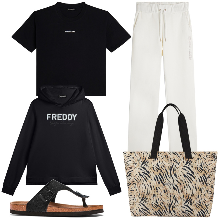 Outfit donna - In Freddy we trust. Stile Trendy per Tutti i giorni. Abbinamento con infradito, pantaloni, shopping bag, felpe con cappuccio, t-shirt.