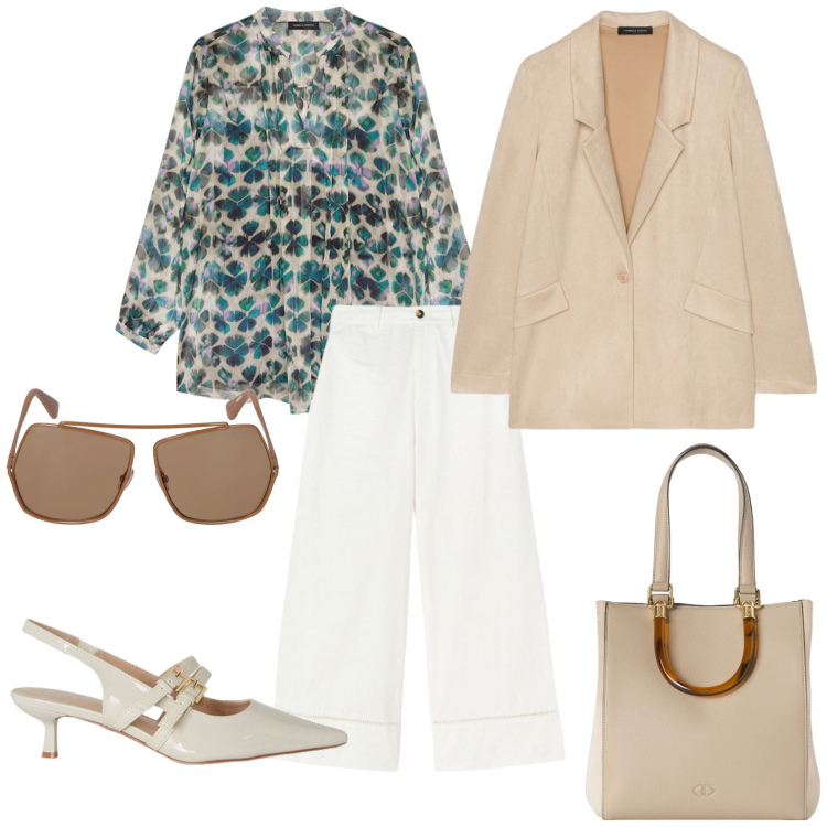 Outfit donna - Pronta con gli occhiali. per Tutti i giorni. Abbinamento con bluse, blazer, pantaloni, occhiali da sole, décolleté, shopping bag.