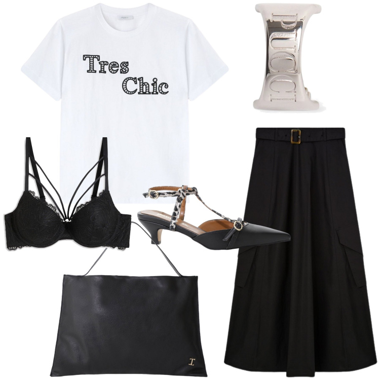 Outfit donna - Tres chic. Stile Casual chic per Ufficio. Abbinamento con slip, décolleté, borse a spalla, gonne, orecchini, t-shirt.