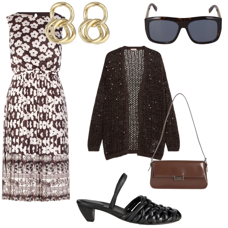 Outfit donna - Lungo mare. per Serata fuori. Abbinamento con borse a spalla, décolleté, vestiti midi/longuette, cardigans, orecchini, occhiali da sole.