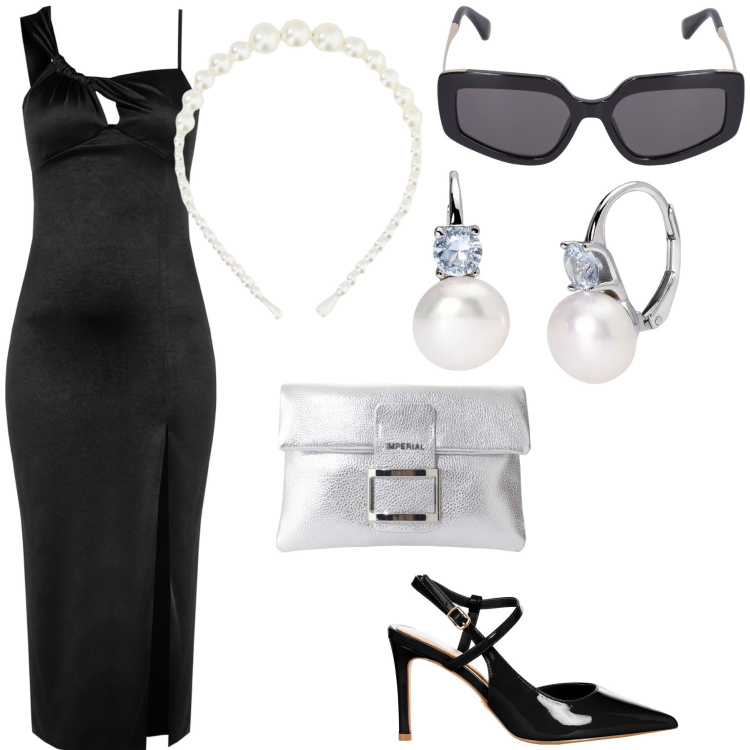 Outfit donna - Colazione da Tiffany. Stile Glamour per Serata fuori. Abbinamento con décolleté, vestiti, orecchini, pochette, cerchietti, occhiali da sole.
