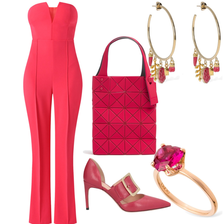 Outfit donna - In rosso per lui. Stile Sexy per Serata fuori. Abbinamento con décolleté, tute, orecchini, anelli, borse a mano.