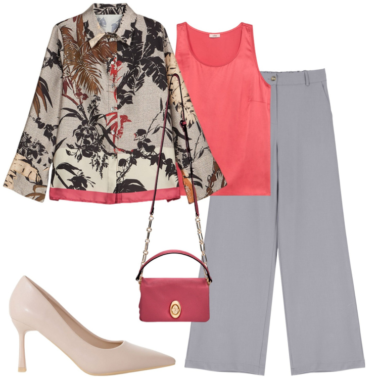 Outfit donna - City. Stile Urban per Tutti i giorni. Abbinamento con décolleté, pantaloni a palazzo, camicie, borse a tracolla, top.