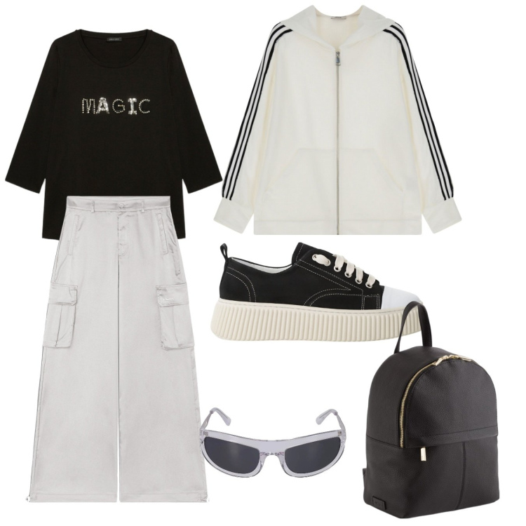 Outfit donna - Geburtstag des Teenagers. Stile Rock per Tutti i giorni. Abbinamento con sneakers, felpe, pantaloni cargo, t-shirt, occhiali da sole, zaini.