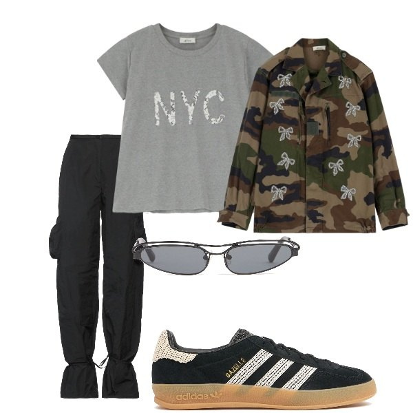 Outfit donna - La giacca mimetica. Stile Military per Tutti i giorni. Abbinamento con pantaloni cargo, t-shirt, blazer, sneakers, occhiali da sole.