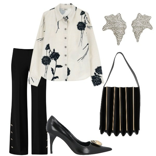 Outfit donna - Ricercata e attenta ai dettagli. Stile Bon Ton per Serata fuori. Abbinamento con décolleté, borse a mano, orecchini, camicie, pantaloni a palazzo.