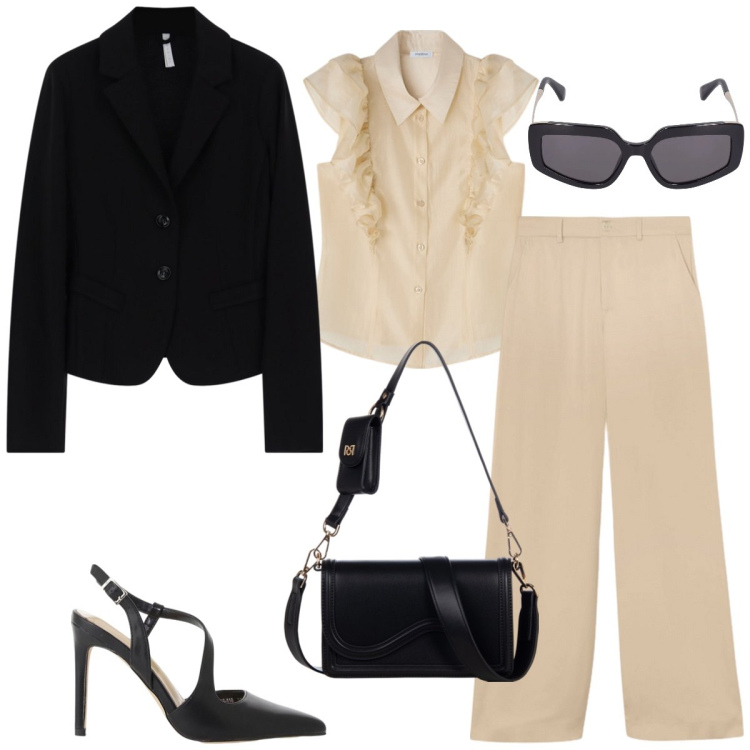 Outfit donna - Total look #2117923. Stile Chic per Cerimonia. Abbinamento con blazer, décolleté, pochette, camicie, pantaloni a palazzo, occhiali da sole.