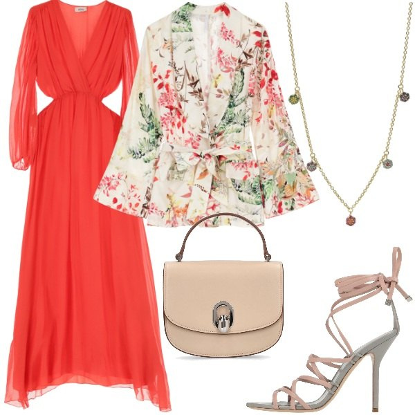 Outfit donna - Cerimonia tra intimi. Stile Glamour per Serata fuori. Abbinamento con sandali in pelle, ciondoli, blazer, vestiti lunghi, borse a mano.