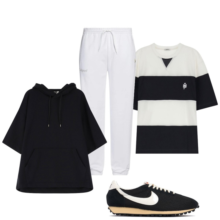 Outfit uomo - Sporty chic. Stile Trendy per Tutti i giorni. Abbinamento con pantaloni, t-shirt, felpe con cappuccio, sneakers.