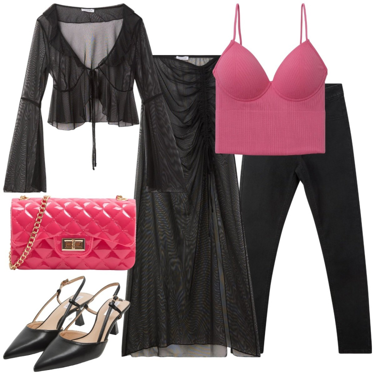 Outfit donna - Occasioni speciali Terranova. Stile Glamour per Serata fuori. Abbinamento con gonne lunghe, top, borse a tracolla, sabot, bolero, jeggings.