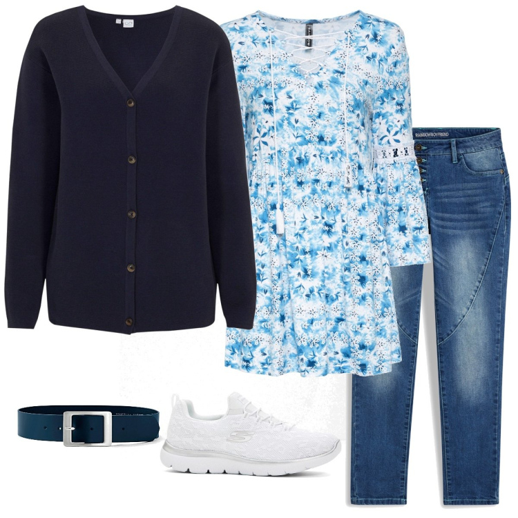 Outfit donna - Total look #2117949. Stile Casual per Tutti i giorni. Abbinamento con cardigans, jeans boyfriend, cinture, tuniche, sneakers.