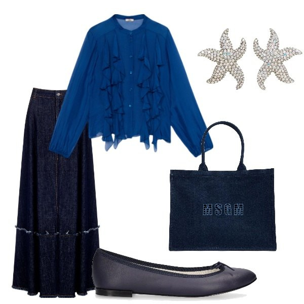 Outfit donna - A spasso per la città. Stile Casual chic per Tutti i giorni. Abbinamento con orecchini, gonne, ballerine, shopping bag, camicie.