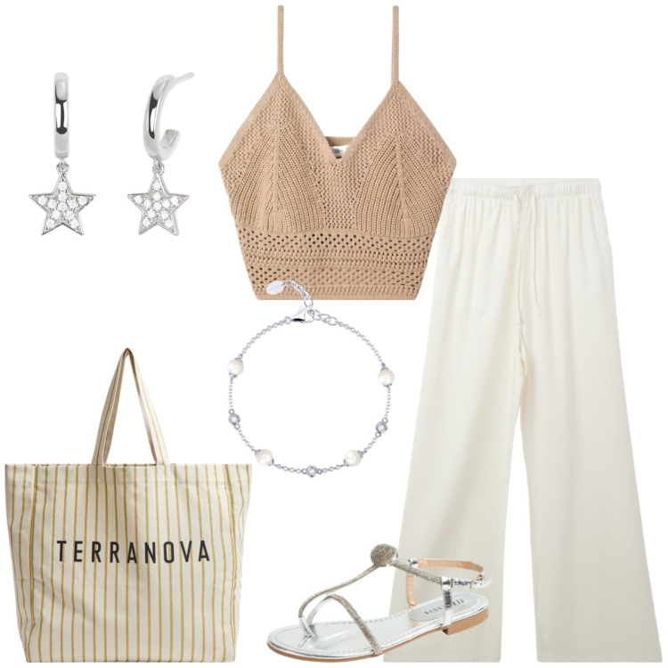 Outfit donna - Total look #2117954. Stile Casual per Tutti i giorni. Abbinamento con top, pantaloni, borse tote, ciabatte, braccialetti, orecchini.