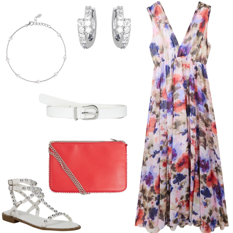 Outfit donna - Total look #2117955. Stile Romantica per Tutti i giorni. Abbinamento con vestiti lunghi, borse a tracolla, cinture, sandali, orecchini, braccialetti.