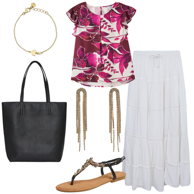 Outfit donna - Total look #2117957. Stile Boho per Tutti i giorni. Abbinamento con bluse, borse tote, sandali gioiello, orecchini, gonne lunghe, braccialetti.